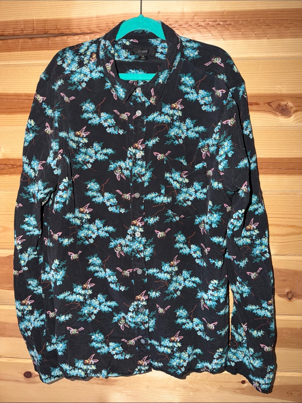 J. Crew Black Button-Up Shirt with Blue Floral & Bee Print